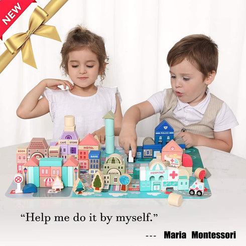Wooden Building Blocks Set - City Construction Stacker Educational Toys for Toddler Gifts, 3+ Year Old