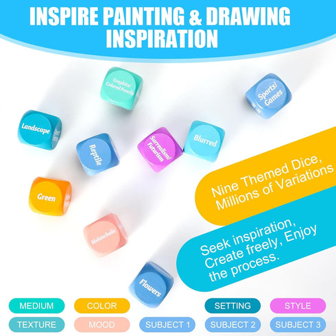 25 Pcs Art Dice Game, 9 Art Inspiration Dice and 16 Education Cards for Creative Drawing and Painting Set