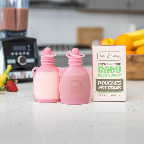 Reusable Baby Food Pouches, 5oz Leakproof Squeezy Self Feeding Toddler Sippy Cup with Straw, Pink, 2 Pack