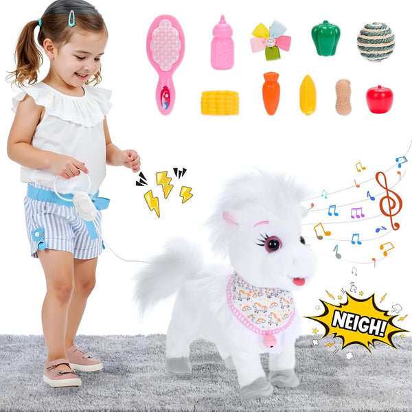 Ylpaprm White Walking Pony with Leash Toy Horses Electric Ponie That Walks,Plush Horse