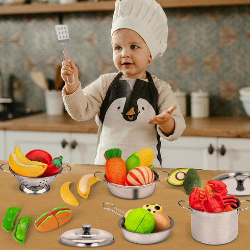 12Pcs Kids Pots and Pans Playset, Stainless Steel Pretend Play Kitchen Set Toy for Kids Age 3 Years Old