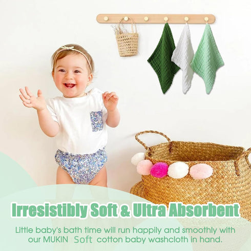 Pack 6-12x12 inches MUKIN Baby Washcloths - Soft Face Cloths for Newborn, Absorbent Bath Face Towels, Baby Wipes, Burp