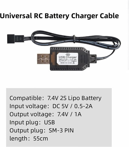 Smart Universal RC Charger Cable with SM-3P Connector Plug for 7.4V 2S Lipo Battery, Compatible RC Car/RC Boat/RC Plane/RC Drone/RC Tank/RC Helicopters and Other Remote Control Toys by Aliwisdom