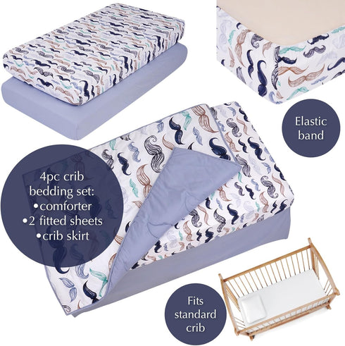 100% 4-Piece Set 2 Noisy Mouse - Boho Little Man Mustache, Premium, Organic Cotton Baby Boy Nursery Bedding Crib | Baby