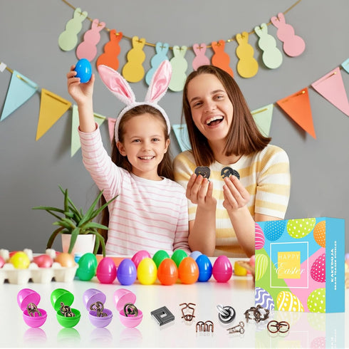 32 Pack Brain Teaser Puzzles & Colorful Easter Eggs - Challenging Metal Wire Puzzles for Kids & Adults - DIY Easter