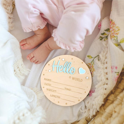 Tweruna 5.9 Inch 3D Wooden Welcome Baby Sign, Hello World Newborn Sign with Heart, Stars Decoration, Round Welcome Baby