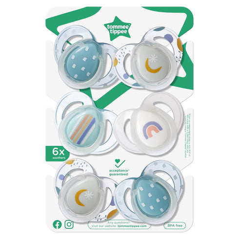 Tommee 6-18 Symmetrical Pack 6 Tippee Night Time Pacifier, Months, Silicone Baglet, BPA-Free Binkies, Glow in The Dark