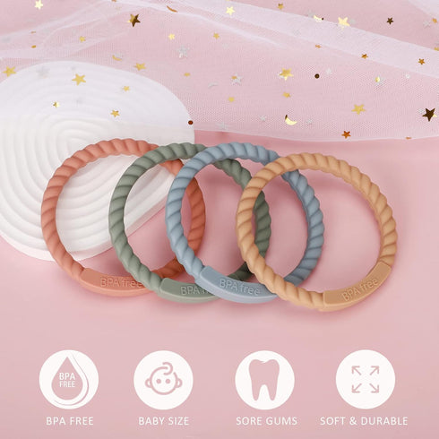 Socub Silicone Baby Teether Toy - 4 Pack BPA Free Soft Teether Bracelets for 3+ Month Babies
