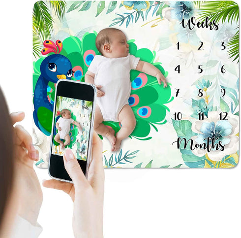 Peacock Baby Monthly Milestone Blanket, 48x40in Soft Flannel, Summer Flowers Colorful Feathers, Newborn Mom Gifts, Baby Shower Age Growth Tracker with Bonus Maker BTGJSS62 by SSCSTS