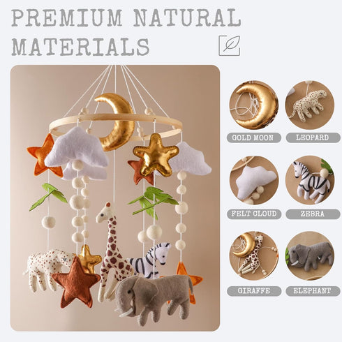 Moyii Baby Crib Mobile for Nursery - Handmade Felt Safari Animals Hanging Mobile - Giraffe Elephant Zebra Ceiling Decor