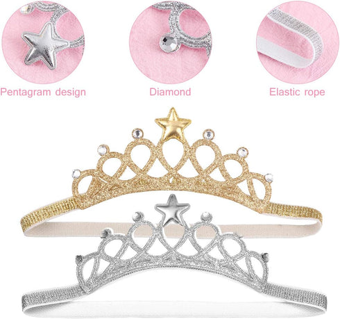 Beaupretty 2PCS Baby Girls Crystal Crown Tiara Hair Belt Headband, Soft Headwrap, Princess Hair Accessories