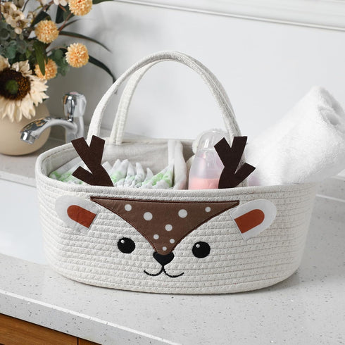 Weysat Cute Deer Baby Diaper Caddy Organizer Cotton Rope Diaper Caddy Basket Woodland Nursery Decor Portable Organizer