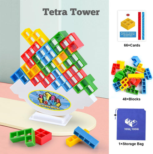 Tetra Tower Balancing Stacking Toys, 48PCS Board Games for Kids & Adults, 2 players Balance Game Team Building Blocks STEM Toy with Storage Bag, Boys Girls Gifts, Perfect for Family, Parties, Travel
