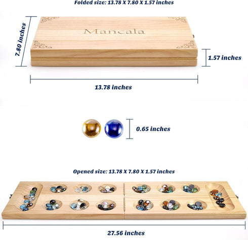 Set 72+8 Package AMEROUS Wooden Mancala Board Game - Upgraded Larger Size - Bonus Multi Color Glass Stones - Folding