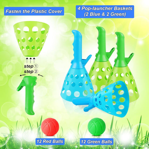 Duckura Outdoor Indoor Game Activities for Kids, Pop-Pass-Catch Ball Game with 4 Baskets and 24 Balls, Summer Beach Toys