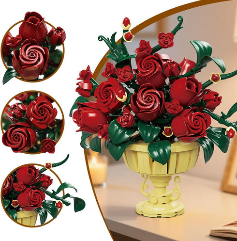Set, 12+ PLAXSOON Rose Flower Building Mothers Day Botanicals Flowers Bouquet Building Block Kit with Pot, Artificial