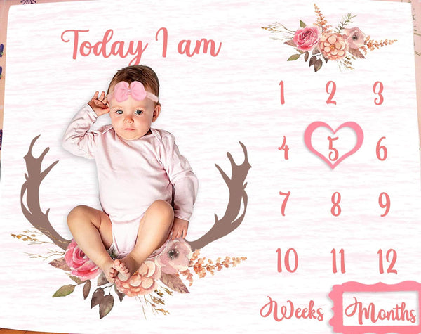 Monthly Milestone Blanket for Baby Girl, Deer Antler Flowers with Words, Pink Baby Growth Chart Blanket, 47"x47"