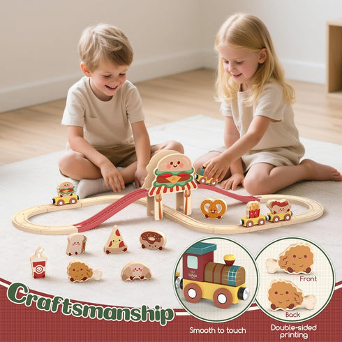 Set 2-4, Set 3-5 Lehoo Castle Wooden Train for Toddlers Burger Theme Train Track Compatible with Major Brands