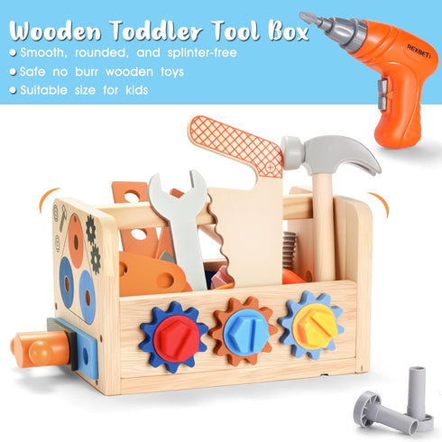 Set 43Pcs 3 Set, 3 4 5 REXBETI Kids Tool with Electric Drill, Wooden Toddler Tool Bench with Apron, Educational
