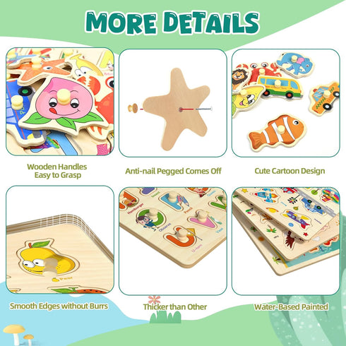 2-4, 6 Pack 1-3 3-5 Wooden Peg Puzzles for Toddlers Educational Peg Puzzles Montessori Toys, Learning Puzzles for Kids