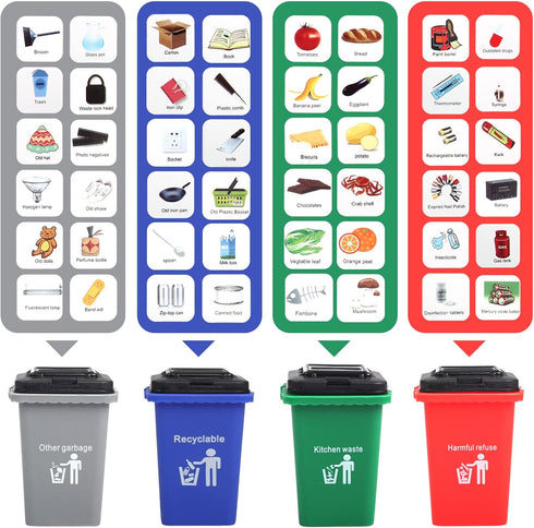 Set, 4 FIVEDAOGANG Small Friction Powered Garbage Truck Toys Includes Front Load Dumpster, Trash Bins and Trash