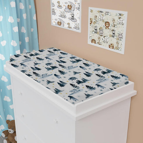 Woodland Bear Snow Forest Changing Pad Cover, 32"x16" Soft Stretchy Sheets for Baby Boys Girls
