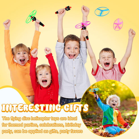 Flying Disc Helicopter Toy Disco Flyers, 12 String Launchers and 24 Flying Discs for Outdoor Fun