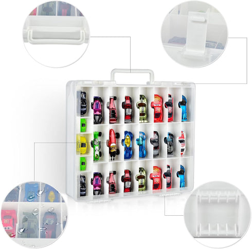 FULLCASE Toys Organizer Storage for Hot Wheels Cars, Double-Sided Carrying Box with 48 Compartments, White