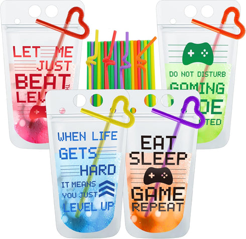 Video Game Party Favors Drink Pouch Cups with Straws, Reusable Clear Zipper Bags for Birthday Party Decor