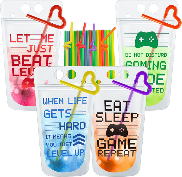 Video Game Party Favors Drink Pouch Cups with Straws, Reusable Clear Zipper Bags for Birthday Party Decor
