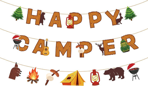 Camping Party Banner, Happy Camper Fun House Banner with Campfire Tent for Birthday Party Decorations