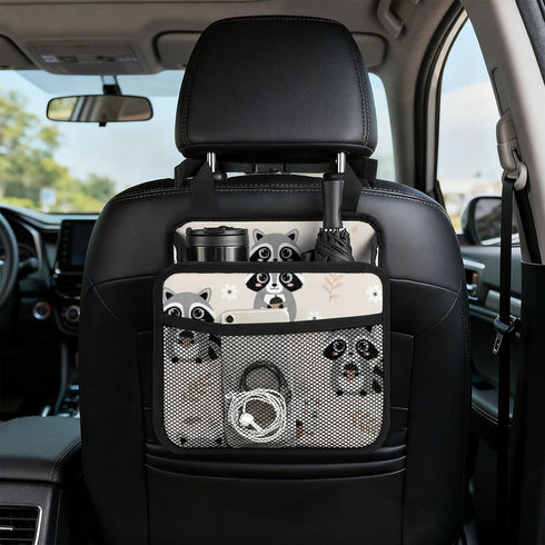 PPIKTC Spacious Hanging Auto Seat Organizer with Ventilated Mesh Pockets for Wet Wipes and Baby Supplies, Cute Raccoon