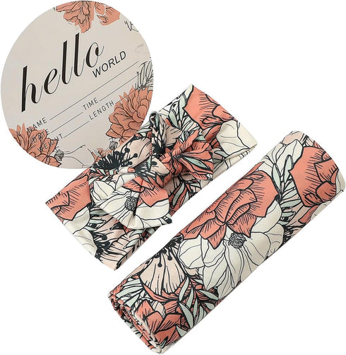 Galabloomer Newborn Receiving Blanket Headband Set, Baby Flower Swaddle (Cocal Almond)