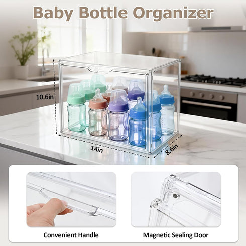 MAIDIWUDI Baby Bottle Organizer with Magnetic Door for Cabinet Stackable Clear Organizer Nursery Storage Bin for Baby