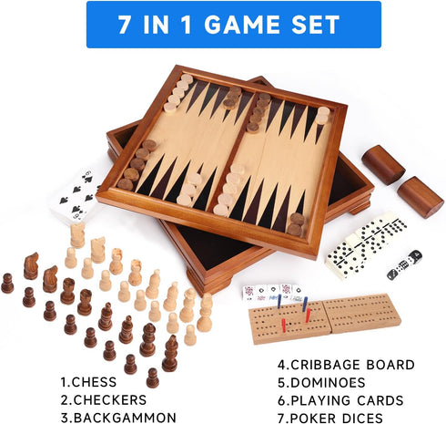 GSE Games & Sports Expert Wooden 7-in-1 Board Game Set - Chess, Checkers, Backgammon, and More