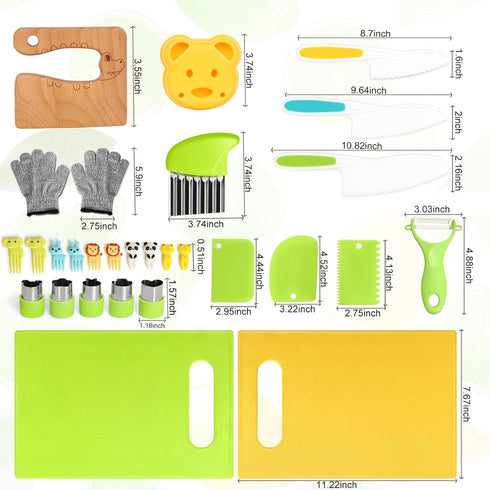 28PCS Toddler Knife Set - Kids Knifes for Real Cooking, Montessori Kids Kitchen Knife Set with Cutting Board Crinkle Cutters Kid Safe Knives, Toddlers Kitchen Tools for Age 2-10 Year Old Girl Boy