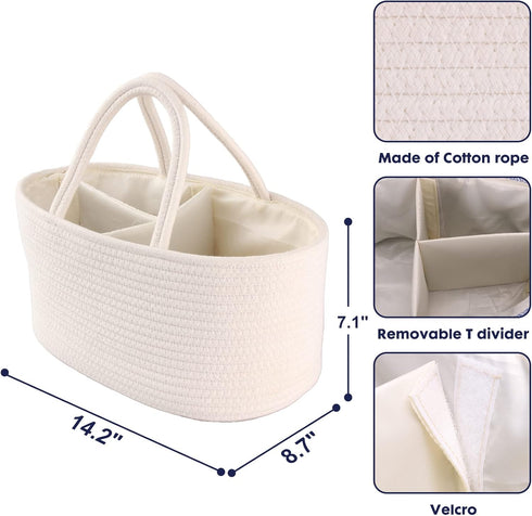 Baby Diaper Caddy Organizer - Cotton Rope Nursery Storage Bin for Changing Table, Portable Tote Bag for Newborn