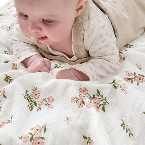 Muslin Baby Blankets for Girls, Super Soft Minky with Breathable Cotton Front and 3D Dotted Fleece Backing, Pink Floral