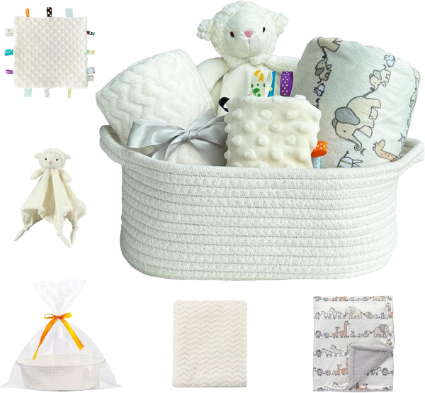 CREVENT Baby Welcome Gift Set Storage Basket with 2 Blankets+ 1 Security