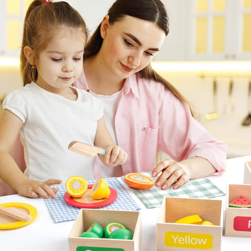 Sets Set Wooden Play Food for Kids Kitchen Accessories, Velcro Fruit and Veggies Cutting for Kids, Pretend Play Food
