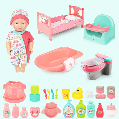 deAO Baby Doll Play Set, 25 PCS Accessories with Chair, Booster Seat, High Crib Toy, Toilet, and Bathtub