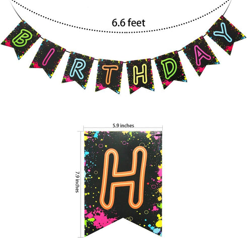 Glow Party Happy Birthday Banner Decoration - Assembled 80s Neon Party Supplies, Glow in the Dark Decorations