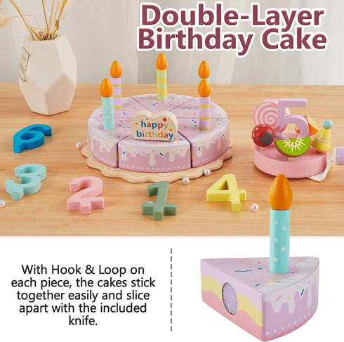 Sets, Playset 3 4 5 HERSITY Wooden Birthday Cake Toy Play Food Pretend Baking Kitchen for Toddlers, Afternoon Tea Party