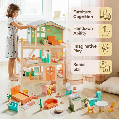 Giant Wooden Dollhouse Furniture Set, 26 Pcs for Kitchen, Living Room, Bedroom, Bathroom, Babyroom, Candy Accessories