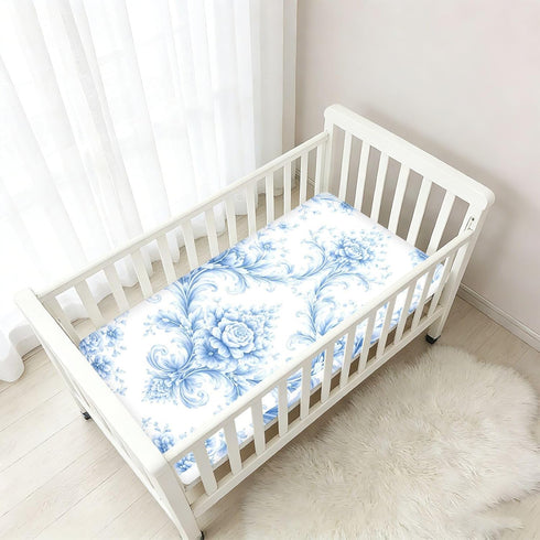 CZXW 52" 28" Blue Floral Botanical Crib Sheets Fitted x Natural Cotton Soft & Breathable for Baby Crib Mattress