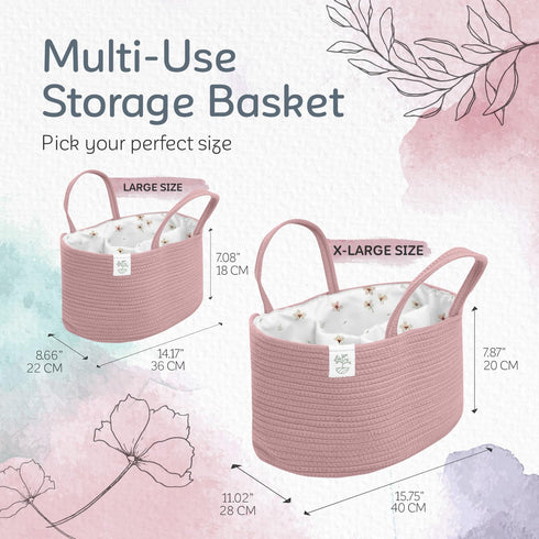 KiddyCare Diaper Caddy Organizer for Baby Nursery, X-Large Basket with Handle Lid, Rosy Floral Print
