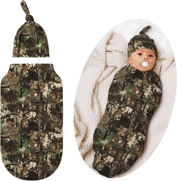 Valvphora Camo Swaddle Blankets Newborn Receiving Blanket Baby Swaddle Wrap with Hat, Hunting