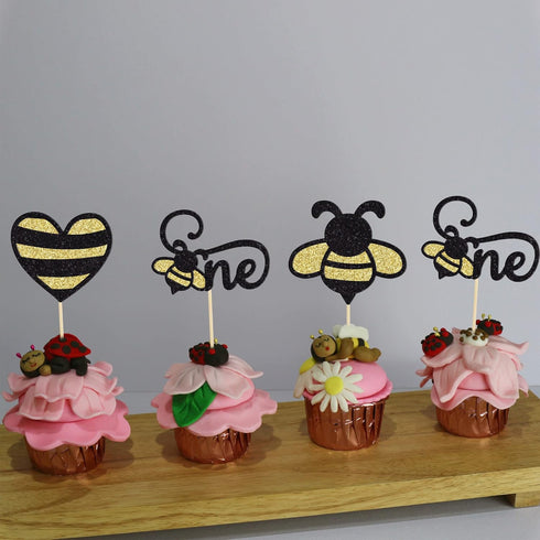 Gyufise 24Pcs Bumble Bee Cupcake Toppers, Heart Bumble Bee Cake Decorations for 1st Birthday Baby Shower Party Supplies