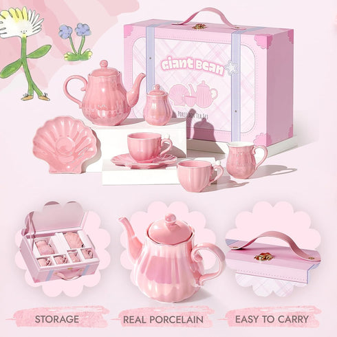 Set, Set Giant bean Porcelain Tea Pearl Pink Real Tea Party for Little Girls, British Royal Princess Series Teapot