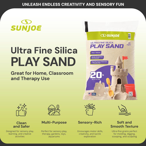 20 Lb PLYSAND20 Sun Joe Silica Play Sand for Sandbox, Sensory Table & Garden Spaces, Ultra Fine, Bag - Indoor